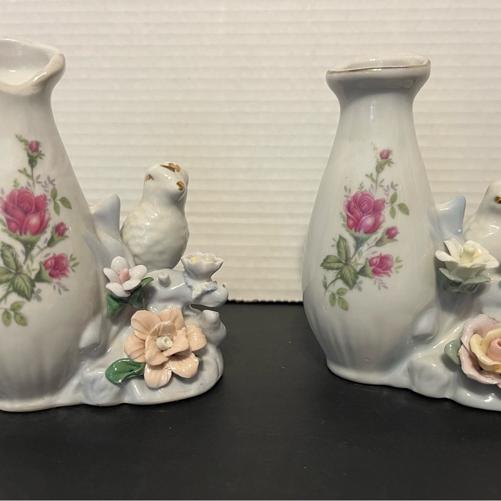 Pair Of Vintage 5” Porcelain Stem Bud Vases 3D Flowers And Birds W/Nest-Adorable
